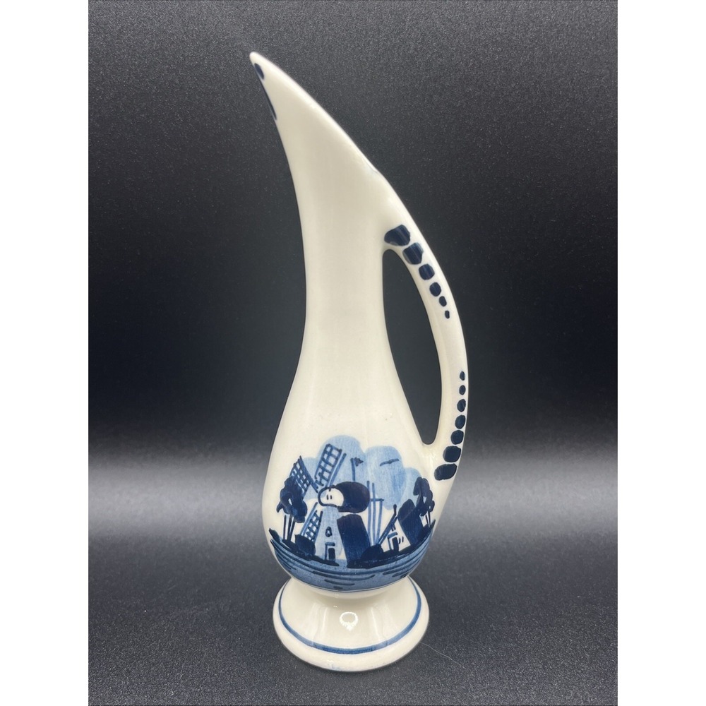 Hand Painted Delft Pitcher Vase Holland Vintage w/ Windmill Design Small‎ As Is